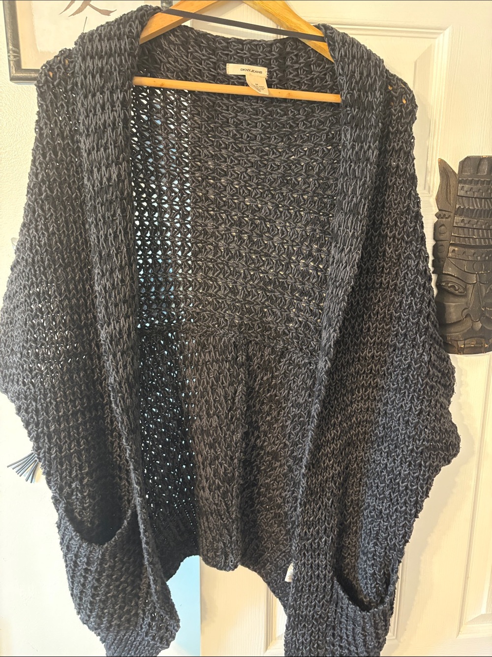 DKNY Charcoal Black Open-Weave Knit Poncho with Pockets